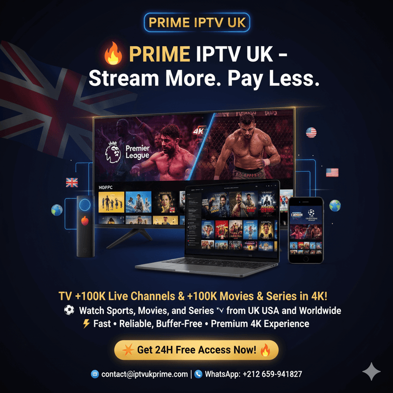 Prime Live Streaming IPTV promotional image showcasing diverse content and platforms for streaming in 4K.