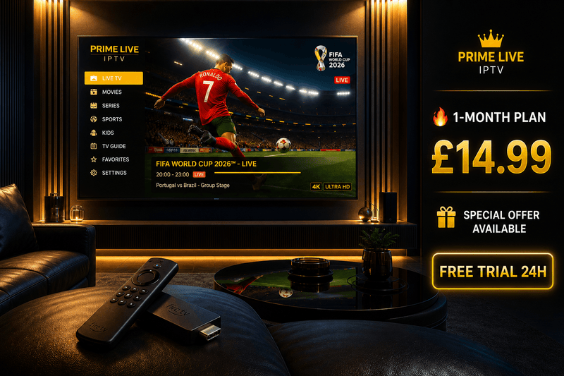 Live Prime 8K Premium IPTV 1 Month Subscription subscription display on TV with FIFA World Cup 2026, featuring a special offer for 24-hour free trial.