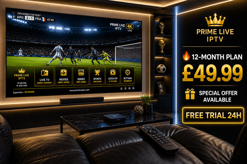 Live Prime 8K Premium IPTV 12 Months subscription displayed on a large screen in a cozy living room.