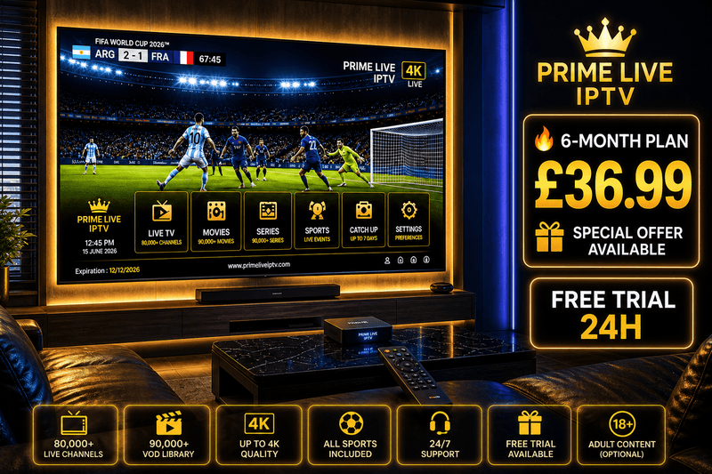 Live Prime 8K Premium IPTV 6 Months Subscription, featuring 4K live sports and entertainment on a modern TV.