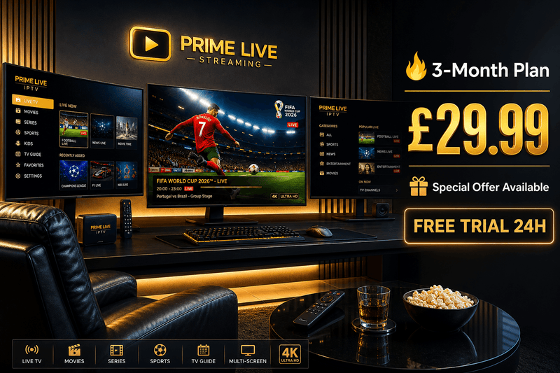 Live Prime 8K Premium IPTV 3 Months Subscribe with a promotion for a 3-month plan displayed on a TV.